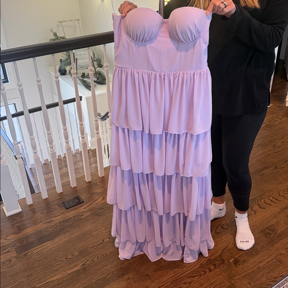 Lovers + Friends Lilac Strapless Ruffled Prom Dress
